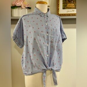 Short- Sleeve Striped Flamingo Blouse, Beach Lunch Lounge, Size Large